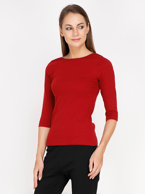 Women Red Ribbed Fitted Top WIth Boat Neck